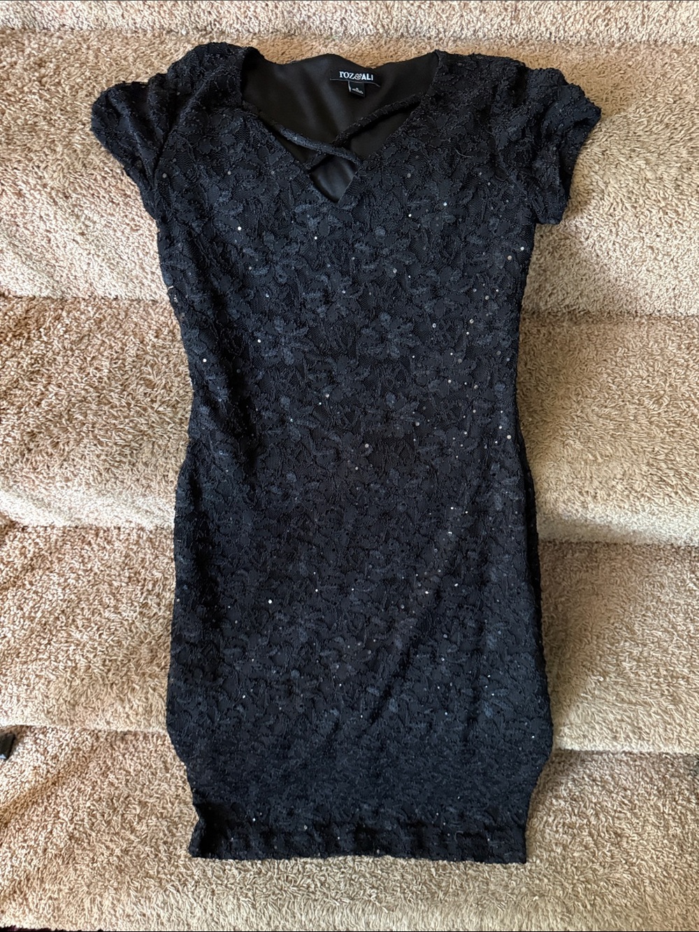 Roz & Ali Black Lace Crisscross Cap-Sleeve Mini Dress